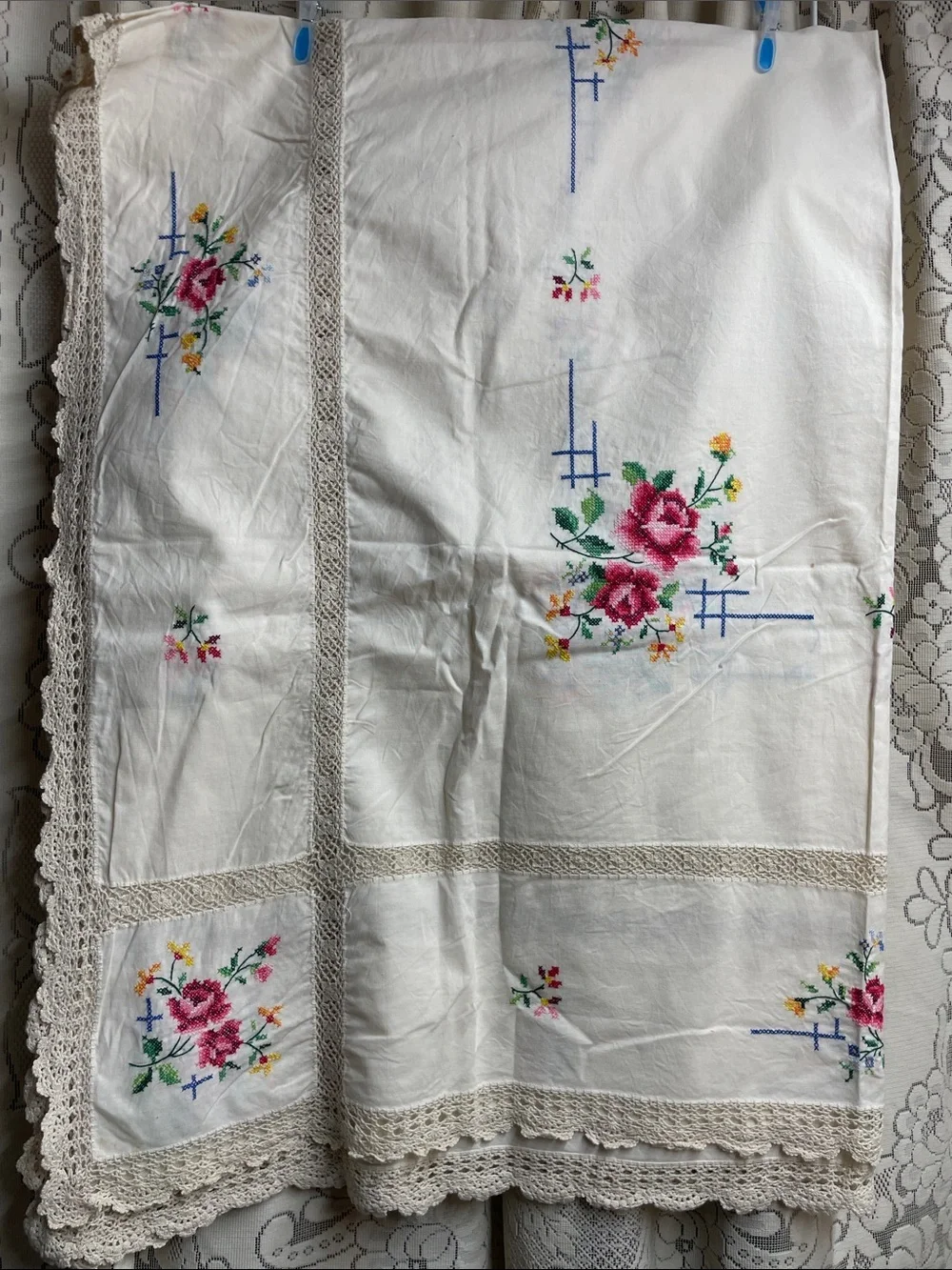 Handmade Cross-stitched Floral White Tablecloth with Crochet Trim Vintage
